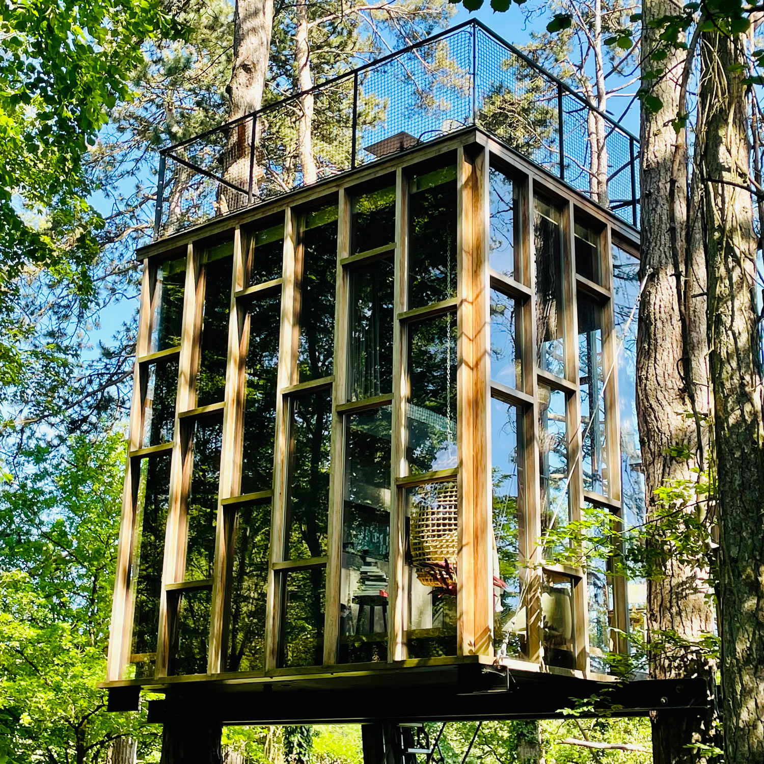 Een vierkante boomhut tussen de bomen in de Belgische Ardennen